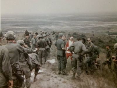 Troops line up for Xmas dinner