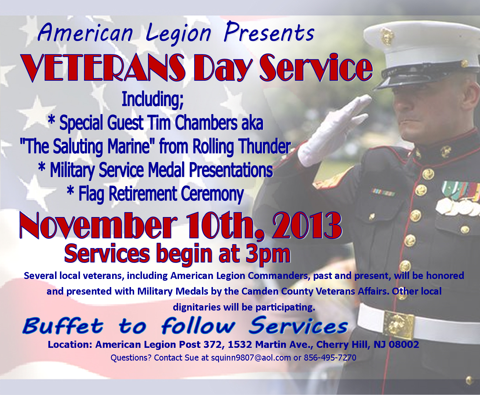 VETERANS DAY SERVICE and “The Saluting Marine” honoring veterans Sunday