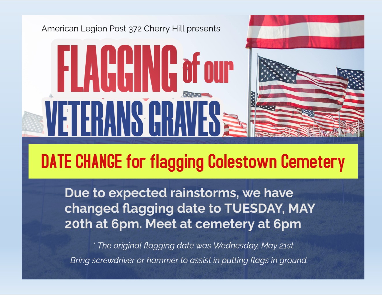 DATE CHANGE - Flagging of Veterans Graves - Colestown Cemetery
