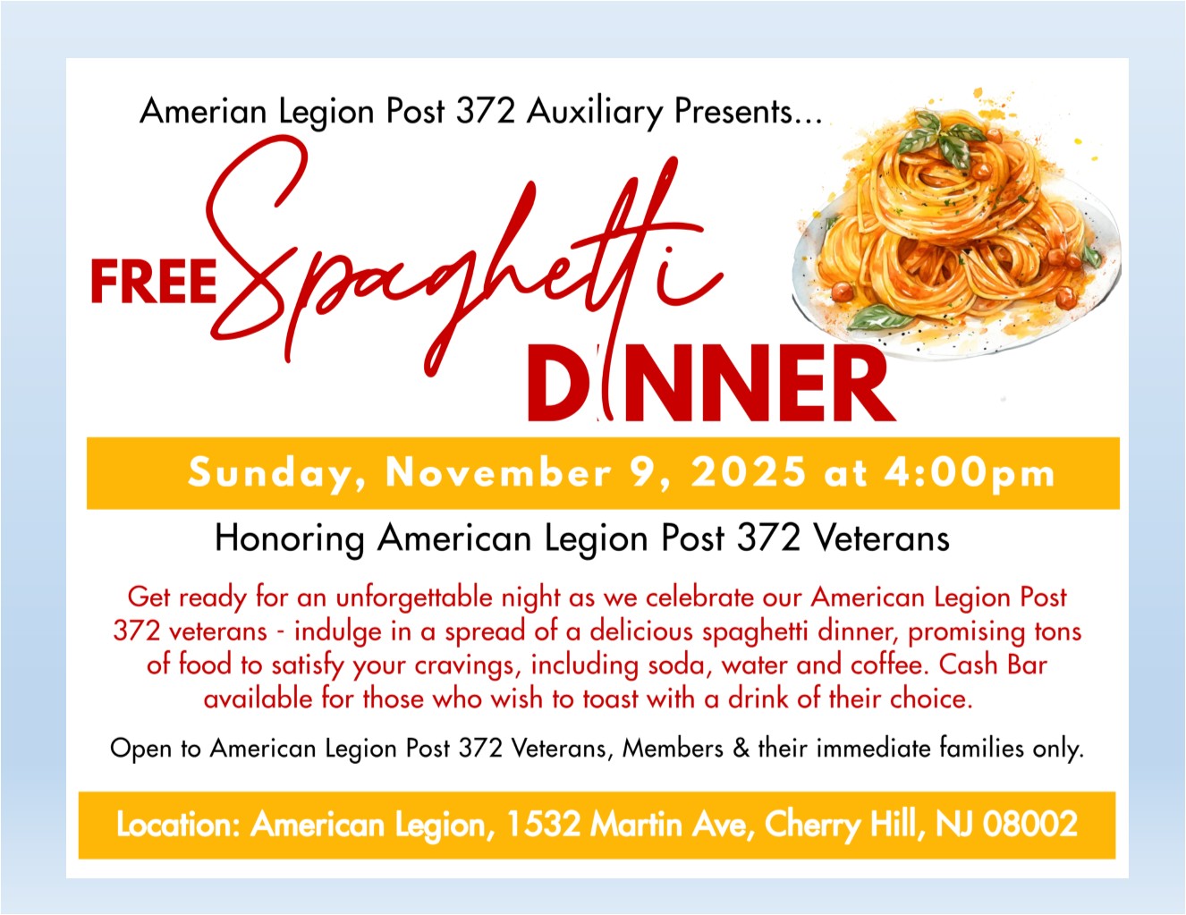 Free Spaghetti Dinner for Post 372 Veterans/Members